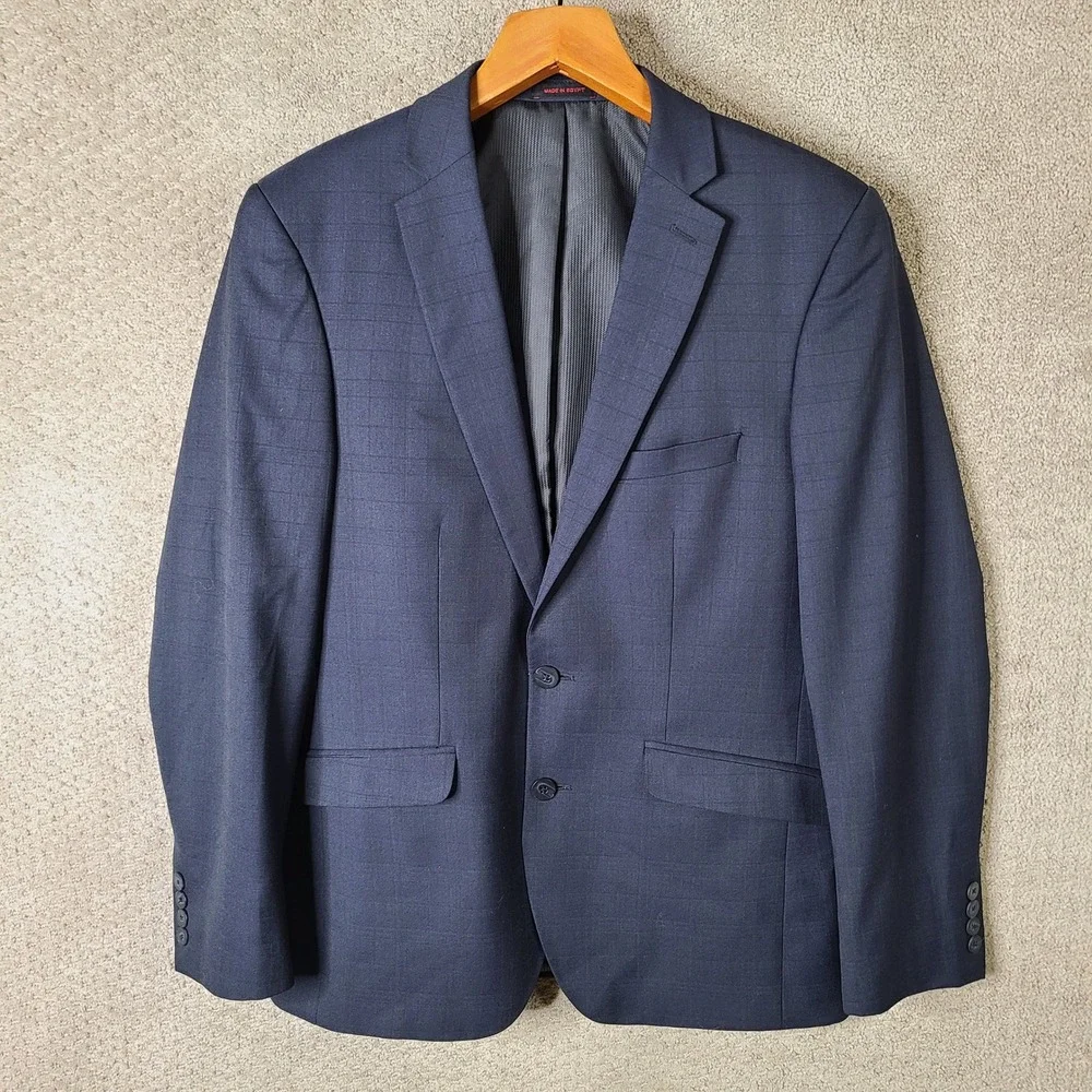 AR Red For Cintas Jacket Men 38R Navy Blue Plaid Blazer Wool Blend 2 Button Coat